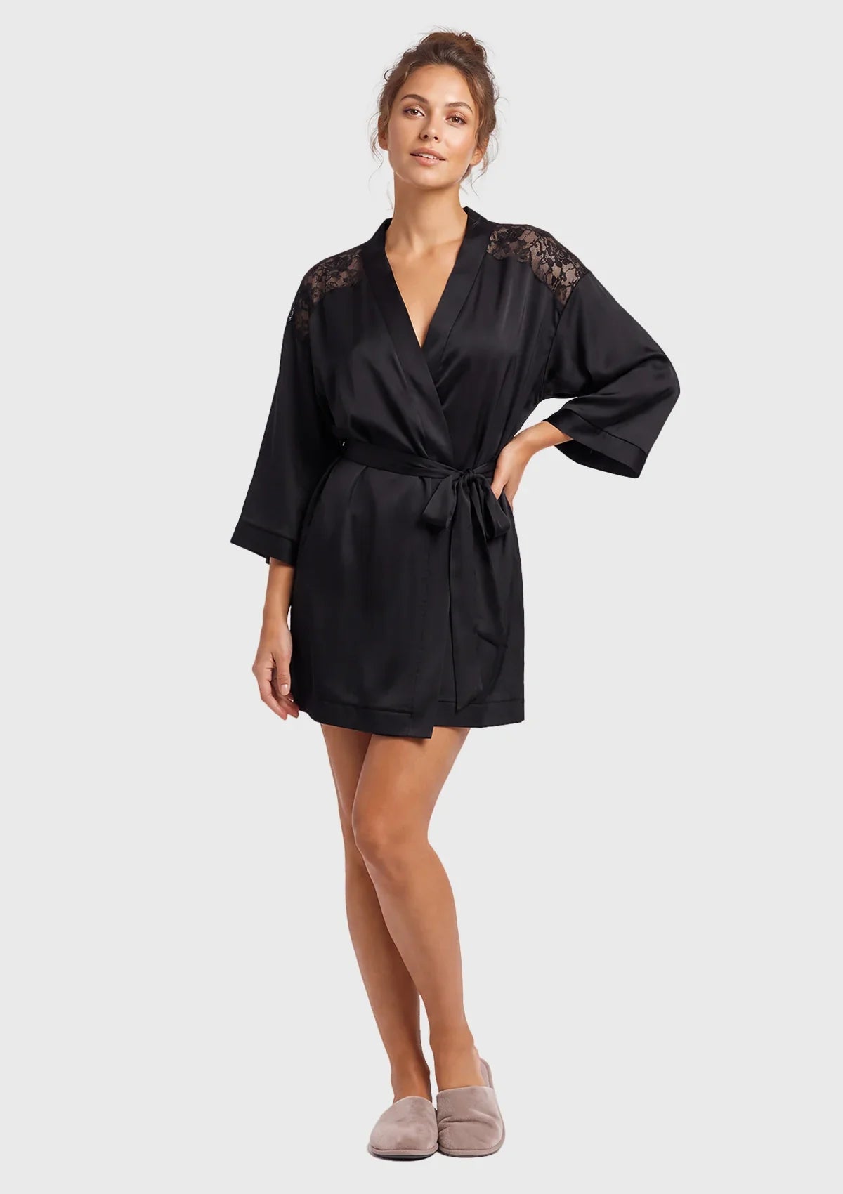 Lace Robe Short Kimono Wrap with Shawl Collar & Self-Tie Belt - HSIA