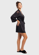 Lace Robe Short Kimono Wrap with Shawl Collar & Self-Tie Belt - HSIA