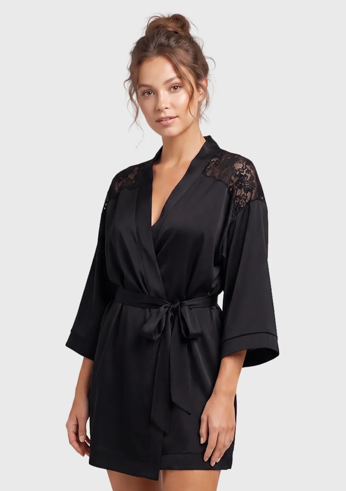 Lace Robe Short Kimono Wrap with Shawl Collar & Self-Tie Belt - HSIA