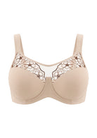 3D studio shot of the HSIA light beige lace unlined bra, detailing the delicate two-tone embroidery and smart custom-sized hooks.