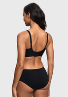 A woman shown from the back wearing a black two-piece swimsuit against a light gray studio background.