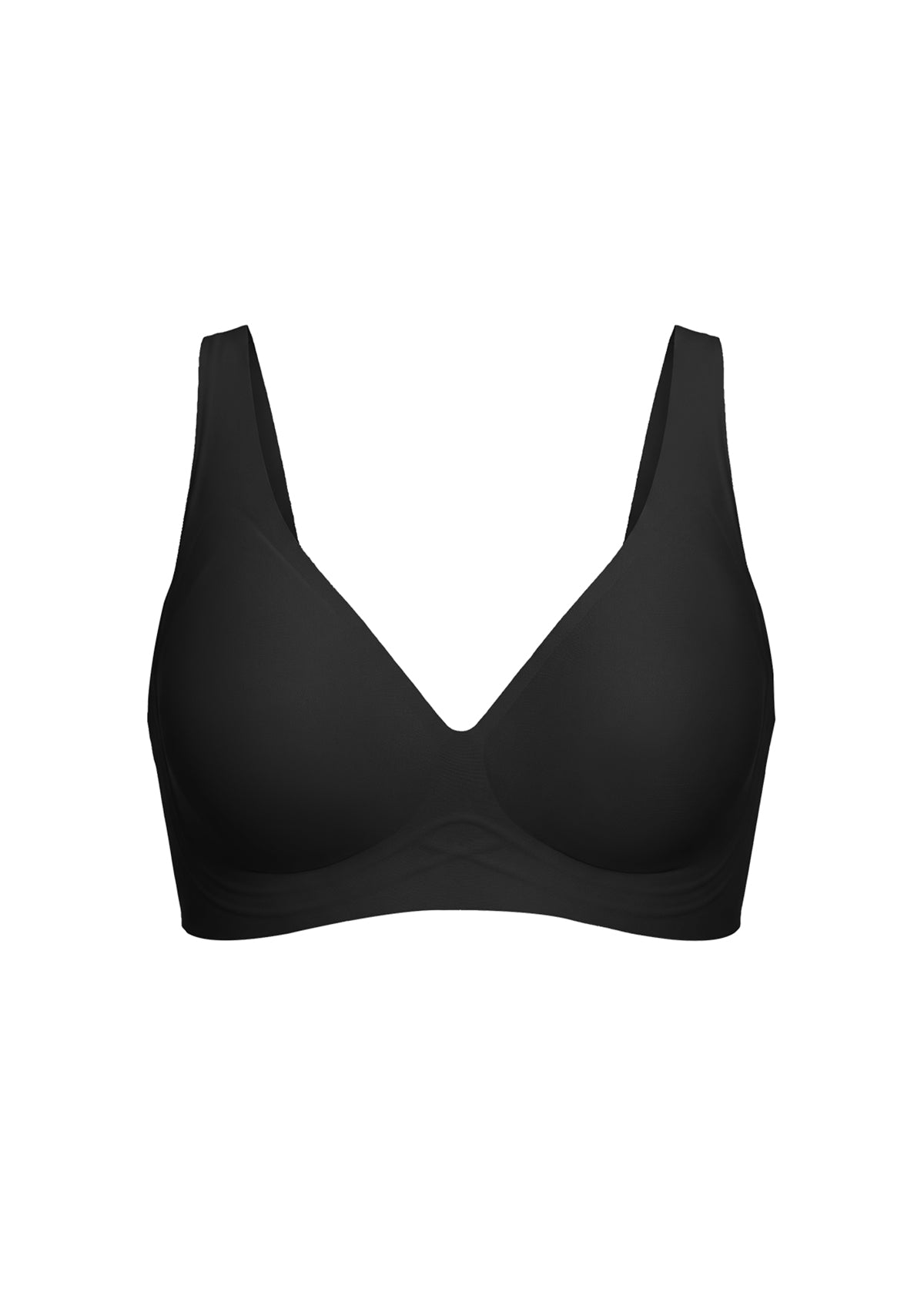 A solid black wireless bra with a deep V-neckline and wide shoulder straps, presented on a clean white background.