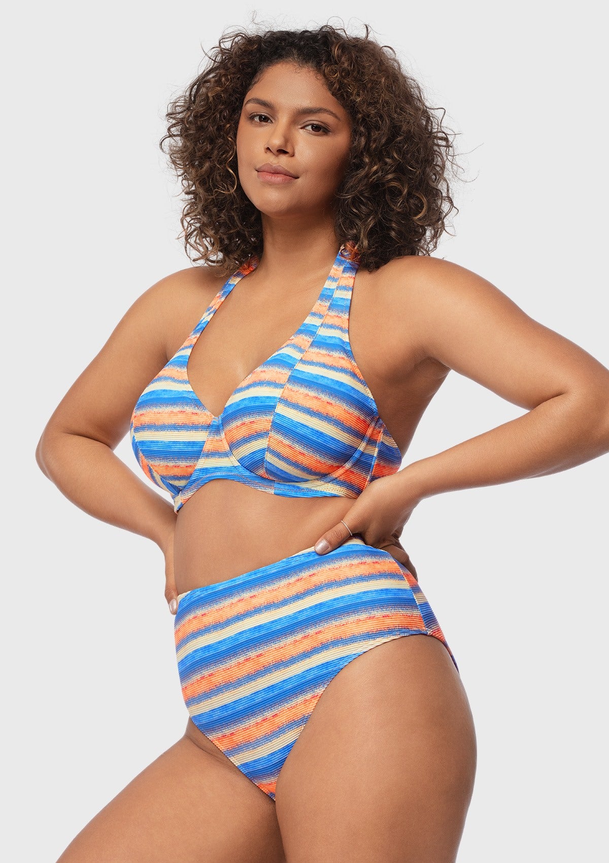 Multi Colored Striped Textured Halter Bikini Set - HSIA
