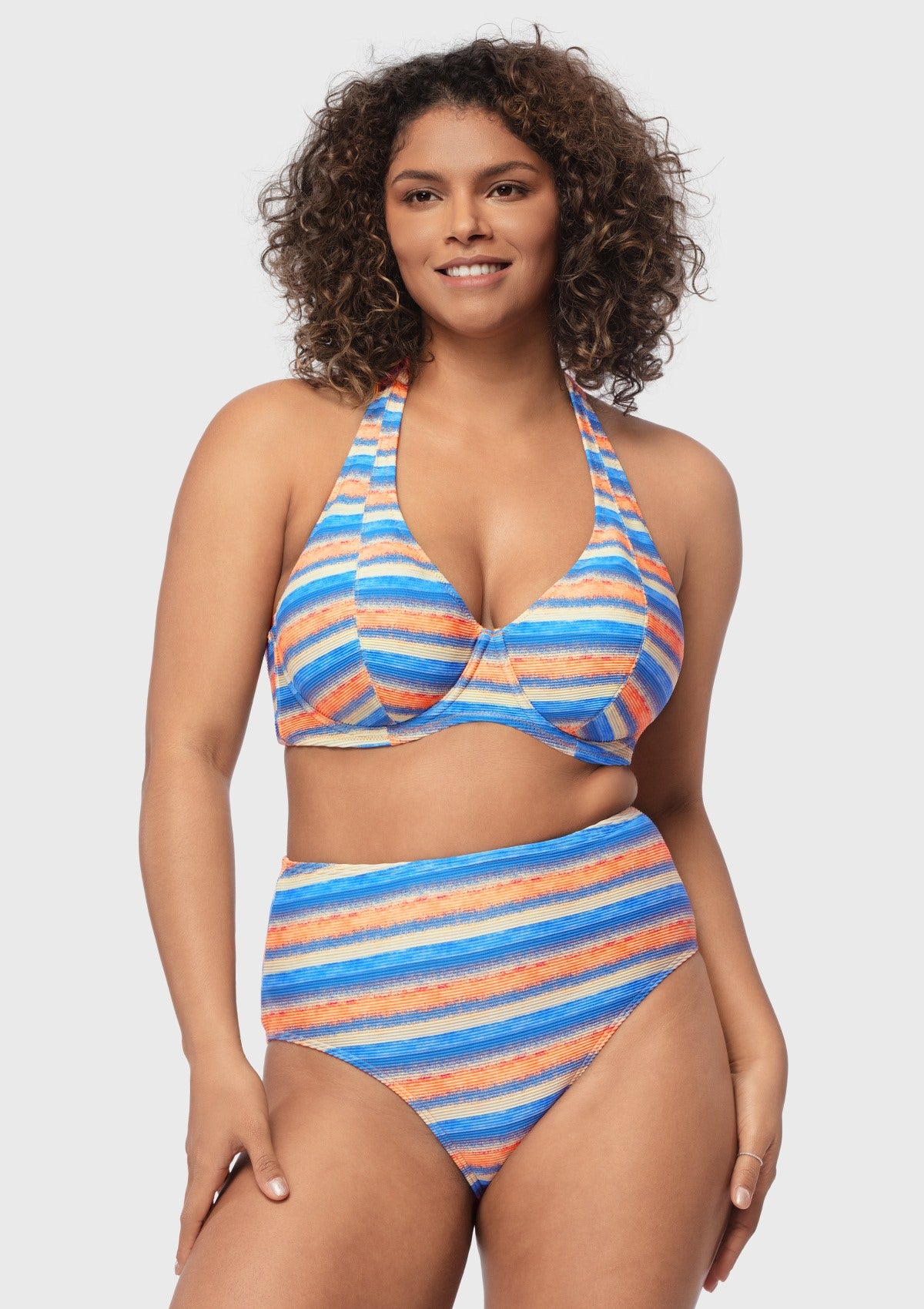 Multi Colored Striped Textured Halter Bikini Set - HSIA