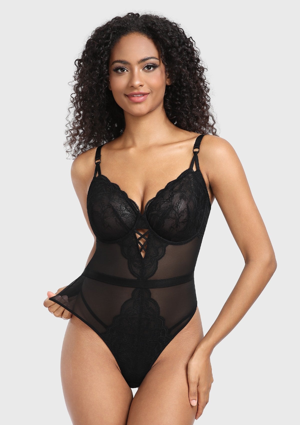 Blossom Mist Plus Size Lace Bodysuit Sexy Unlined Underwire Top Lingerie One Piece Snap Crotch Teddy - HSIA