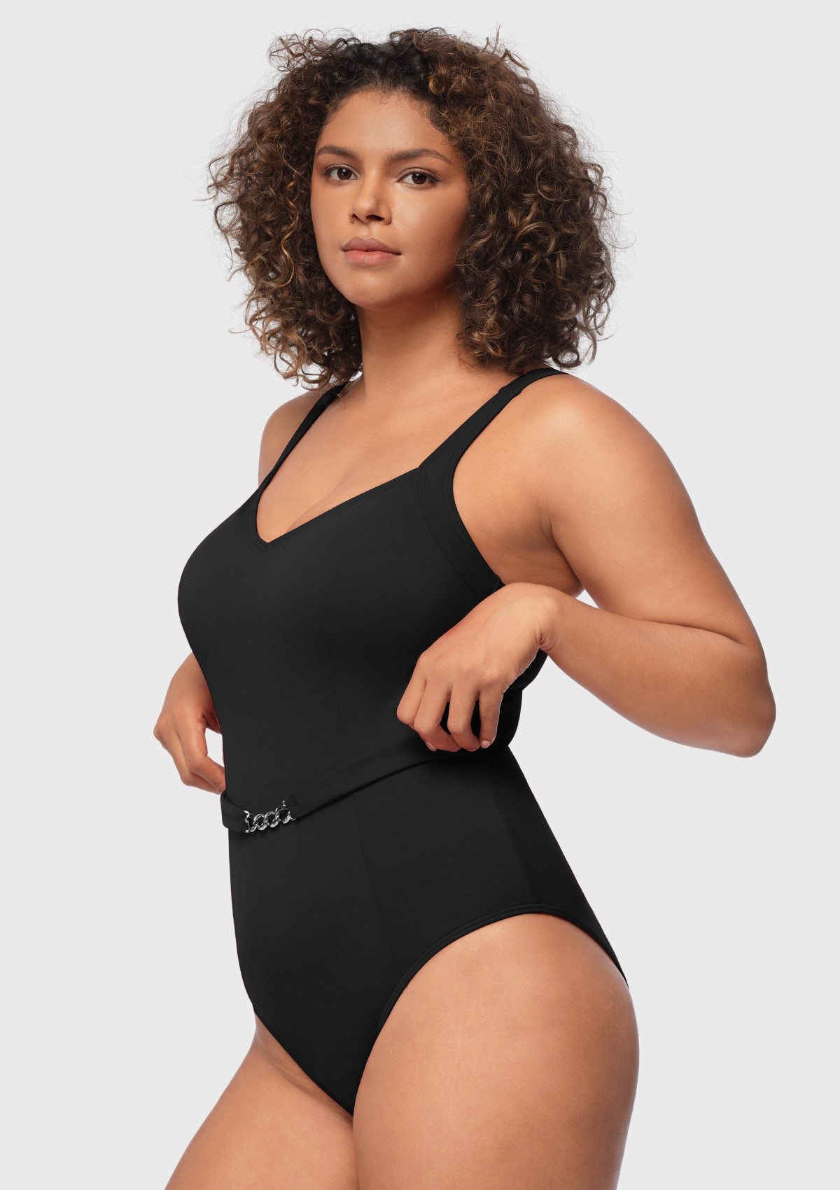 V-Neck Chain Trim One-Piece Swimwear - HSIA