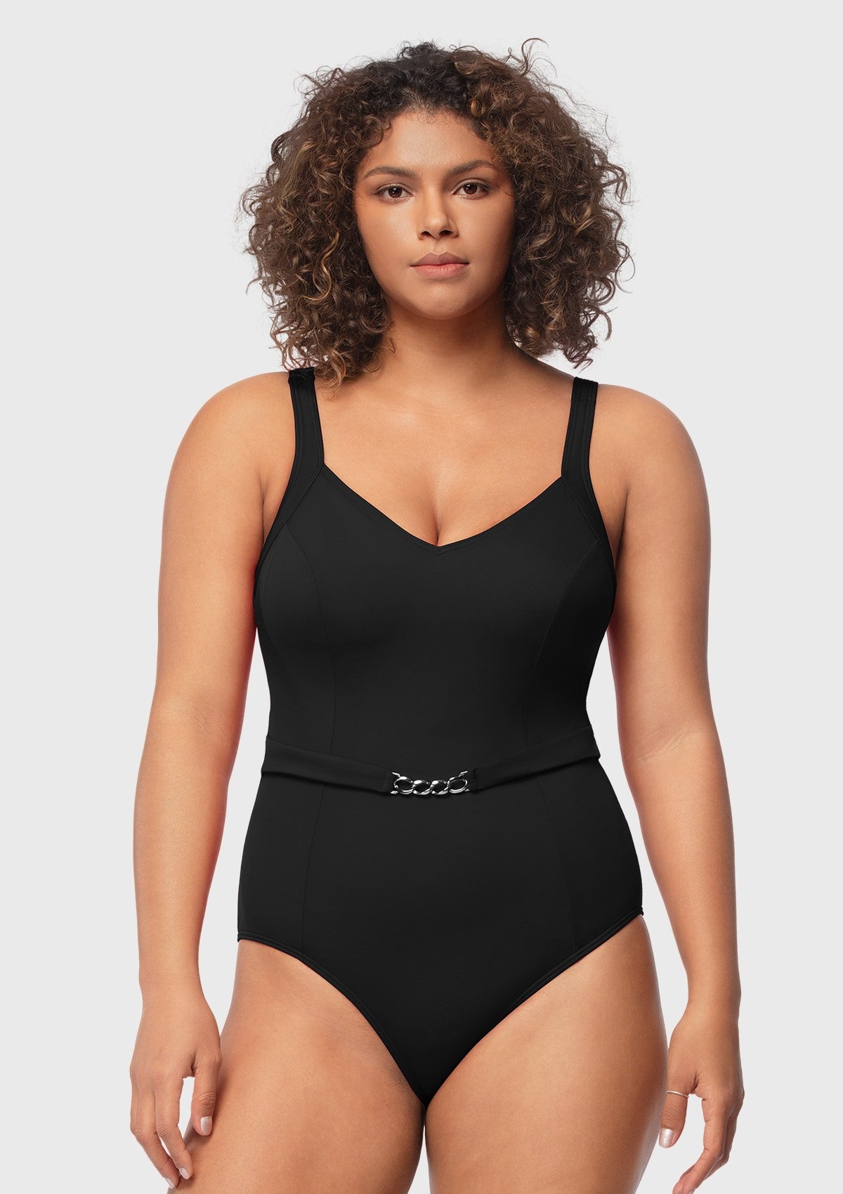 V-Neck Chain Trim One-Piece Swimwear - HSIA