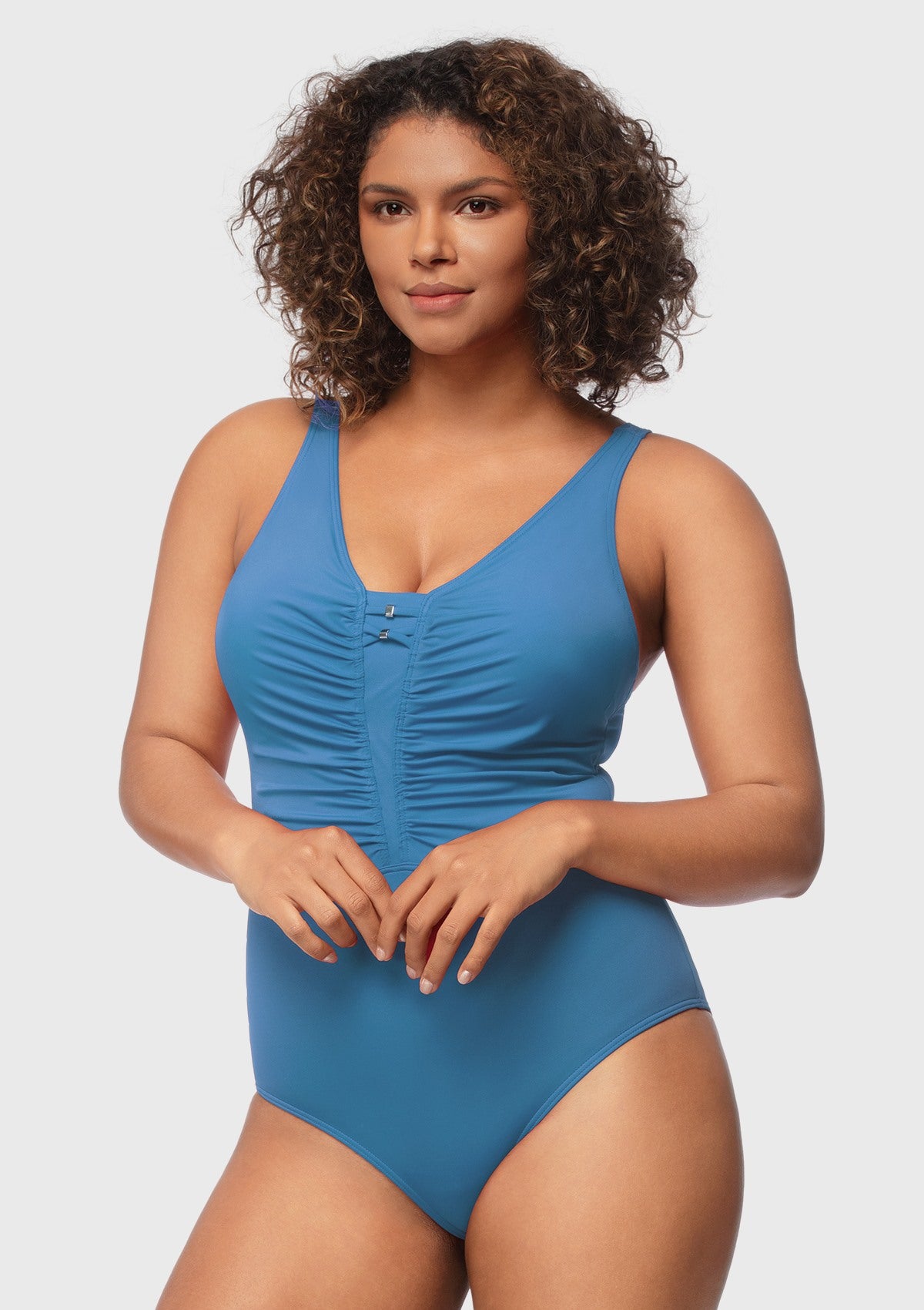 V-Neck Shirred One-Piece Swimwear - HSIA