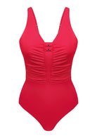 V-Neck Shirred One-Piece Swimwear - HSIA