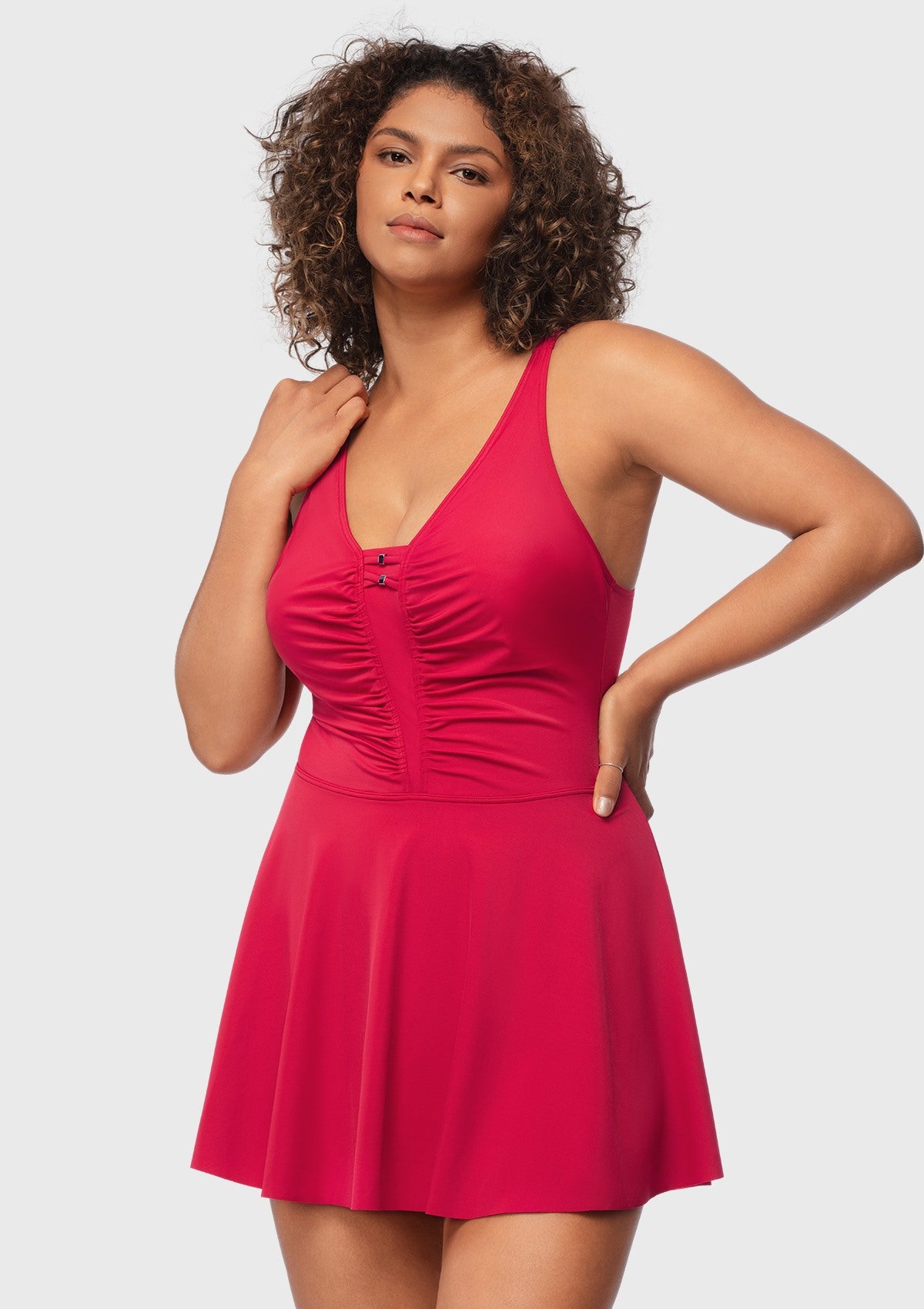 V-neck Shirred One-piece Swimdress - HSIA
