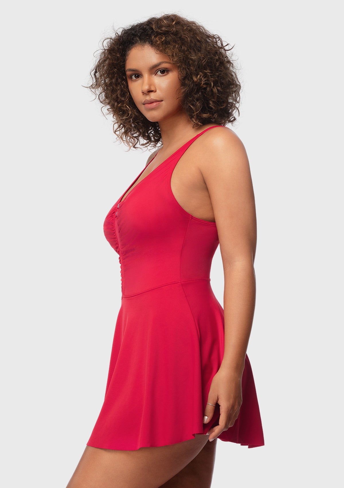 V-neck Shirred One-piece Swimdress - HSIA