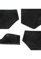 4-grid detail collage of black Bella sheer mesh underwear, showing the super soft lightweight fabric and sewn-on elastic.