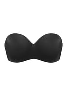 3D flat lay of the black Breya seamless strapless bra, featuring a silicone-free tech-grip and heavy-duty lift tailored for large breasts.
