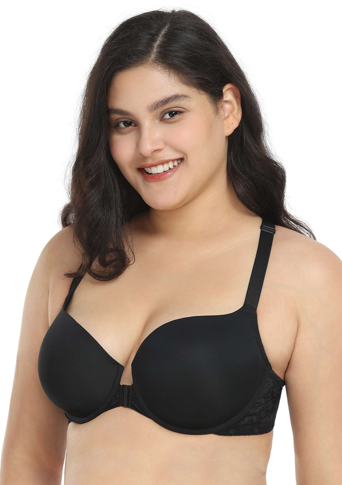 Serena Front-Close Lace-Back Black Underwire Bra Set - HSIA