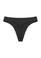 3D studio render of the black anti-camel toe thong, showing the ultra-soft stretch fabric and breathable cotton gusset.