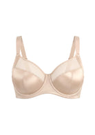 White background view of the Light Beige HSIA Lunaire plus size bra, showcasing the breathable sheer mesh and luxurious everyday shimmer design.