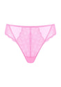 3D product shot of the medium pink mermaid scales lace thong for women, highlighting the breathable mesh back and 100% cotton gusset.