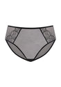 White background product shot of the black HSIA Pearl Shimmer full coverage panty, highlighting the zero-rolling high waistband and the extended 100% cotton gusset.