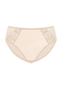 Isolated product image of the Light Beige HSIA Pearl Shimmer seamless panty, showcasing the exquisite radiant embroidery and skin-friendly stretch fabric.