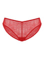 Flat lay of the Coral Red HSIA Stella sheer lace bikini panty on a white background, featuring exquisite floral details designed for a beautifully coordinated lingerie set.